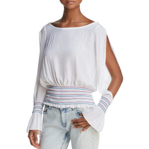 RAMY BROOK Nellie Split Sleeve Blouse Ivory Blue Smocked Waist Women's XS